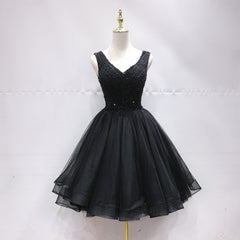 Bridesmaids Dress Affordable, Black Tulle V Back Beaded Knee Length Homecoming Dress, Black Short Party Dress
