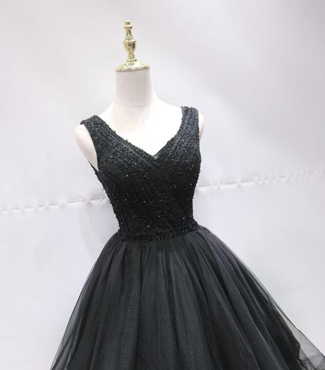 Bridesmaids Dresses Cheap, Black Tulle V Back Beaded Knee Length Homecoming Dress, Black Short Party Dress
