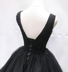 Bridesmaid Dress Cheap, Black Tulle V Back Beaded Knee Length Homecoming Dress, Black Short Party Dress