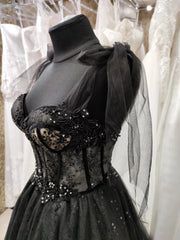 Formal Dresses Australia, Black Tulle with Lace Straps Long Formal Dress, Black Long Evening Dress Prom Dress
