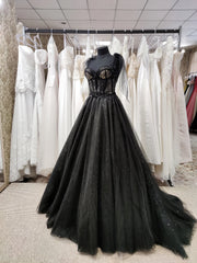 Formal Dress Floral, Black Tulle with Lace Straps Long Formal Dress, Black Long Evening Dress Prom Dress
