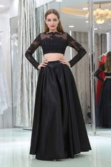 Bridesmaids Dress Pink, Black Two Piece Long Sleeve Floor Length Satin Prom Dresses with Lace