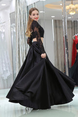 Bridesmaids Dresses Pink, Black Two Piece Long Sleeve Floor Length Satin Prom Dresses with Lace