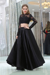 Bridesmaid Dresses Mismatched Spring Wedding Colors, Black Two Piece Long Sleeve Floor Length Satin Prom Dresses with Lace