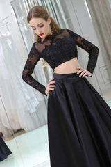Bridesmaid Dress Long Sleeves, Black Two Piece Long Sleeve Floor Length Satin Prom Dresses with Lace