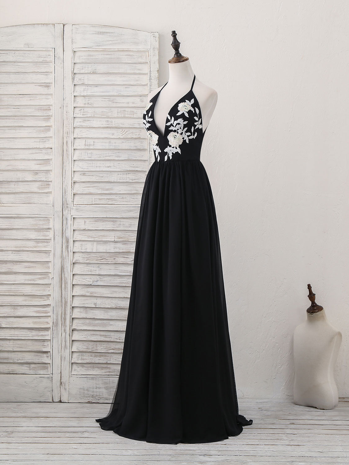 Prom Dresse 2027, Black V Neck Chiffon Lace Long Prom Dress Black Evening Dress