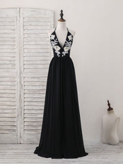 Prom Dressed 2027, Black V Neck Chiffon Lace Long Prom Dress Black Evening Dress