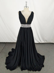 Prom Dresses 2022, Black V Neck Chiffon Sequin Long Prom Dress, Black Evening Dress