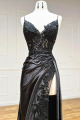 Dress, Black V-Neck Lace Long Formal Dress, Black Spaghetti Strap Evening Gown with Leg Slits