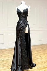 Prom Dresses Gold, Black V-Neck Lace Long Formal Dress, Black Spaghetti Strap Evening Gown with Leg Slits