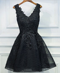 Formal Dresses Cocktail, Black V Neck Lace Short Prom Dress, Black Cute Homecoming Dresses