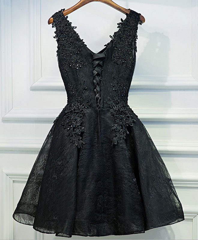 Formal Dress For Wedding Party, Black V Neck Lace Short Prom Dress, Black Cute Homecoming Dresses
