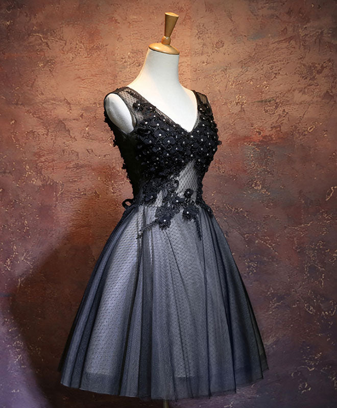 Prom Dress Styling Hair, Black V Neck Lace Short Prom Dress, Black Evening Dress