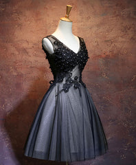 Prom Dress Styling Hair, Black V Neck Lace Short Prom Dress, Black Evening Dress