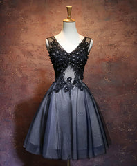 Prom Dress Corset Ball Gown, Black V Neck Lace Short Prom Dress, Black Evening Dress