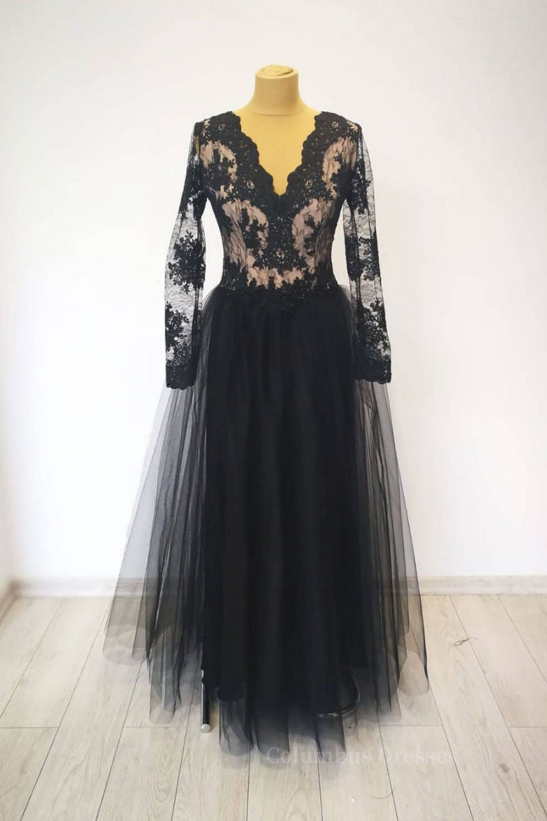 Bridesmaides Dresses Long, Black v neck lace tulle long evening dress black lace prom dress