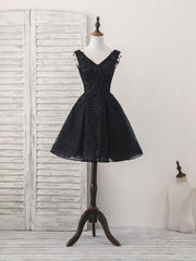 Prom Dress Tight, Black V Neck Lace V Neck Short Prom Dress, Black Homecoming Dress