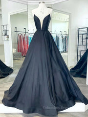 Party Dress Jumpsuit, Black v neck satin long prom dress, black evening dress