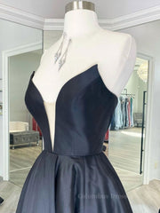 Elegant Dress Classy, Black v neck satin long prom dress, black evening dress
