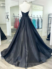 Dinner Outfit, Black v neck satin long prom dress, black evening dress