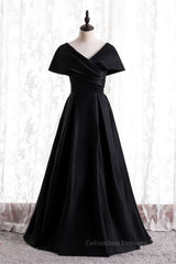 Formal Dress Floral, Black V Neck Satin Pleated Bat wing Sleeves Long Formal Dress