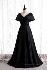 Formal Dresses Long Blue, Black V Neck Satin Pleated Bat wing Sleeves Long Formal Dress