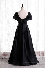 Formal Dress For Party Wear, Black V Neck Satin Pleated Bat wing Sleeves Long Formal Dress