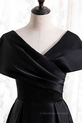 Formal Dresses Australia, Black V Neck Satin Pleated Bat wing Sleeves Long Formal Dress