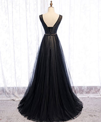 Evening Dress Princess, Black V Neck Tulle Lace Long Prom Dress Black Evening Dress