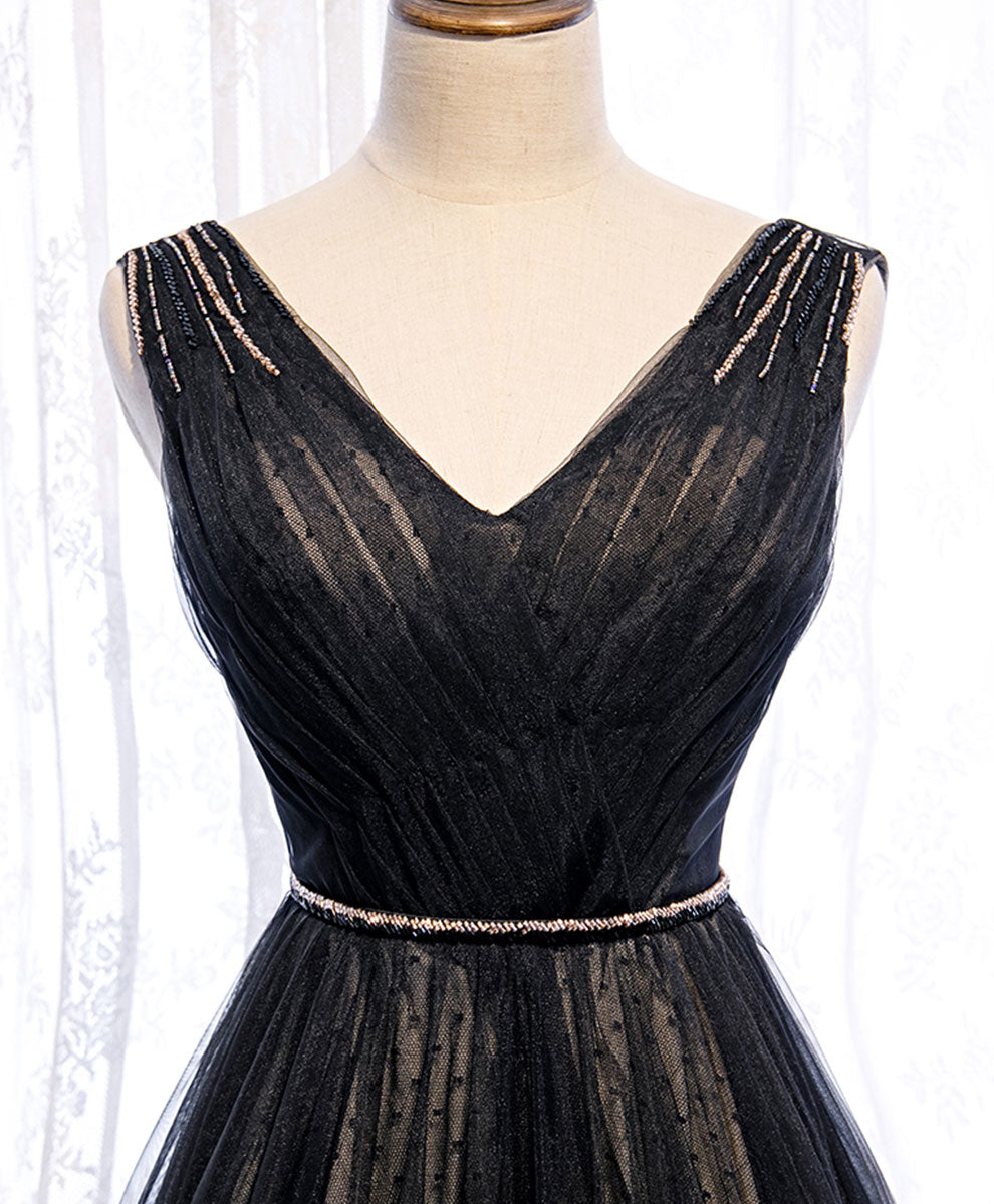 Evening Dress Long Elegant, Black V Neck Tulle Lace Long Prom Dress Black Evening Dress