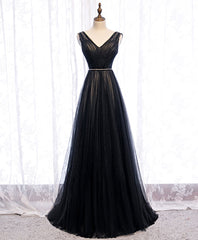 Evening Dresses 2028, Black V Neck Tulle Lace Long Prom Dress Black Evening Dress