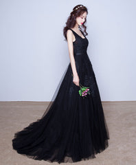 Prom Dress Blue Lace, Black V Neck Tulle Lace Prom Dress, Lace Evening Dress