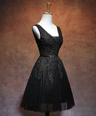 Tights Dress Outfit, Black V Neck Tulle Lace Short Prom Dress, Black Homecoming Dresses