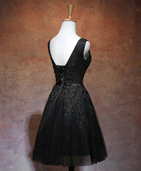 Dinner Dress Classy, Black V Neck Tulle Lace Short Prom Dress, Black Homecoming Dresses
