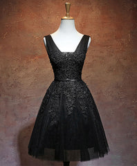 Gown Dress Elegant, Black V Neck Tulle Lace Short Prom Dress, Black Homecoming Dresses