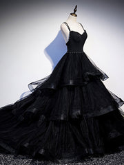 Sundress, Black V Neck Tulle Long Prom Dress, Black Formal Graduation Dress with Beading