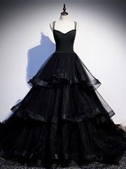 Homecoming Dresses Business Casual Outfits, Black V Neck Tulle Long Prom Dress, Black Formal Graduation Dress with Beading