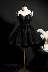 Formal Dresses For Winter, Black V-Neck Tulle Short Prom Dress, Black A-Line Homecoming Party Dress