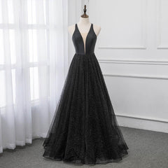 Gown, Black V-neckline Tulle and Satin Long Straps Cross Back Prom Dress, Floor Length Evening Dress