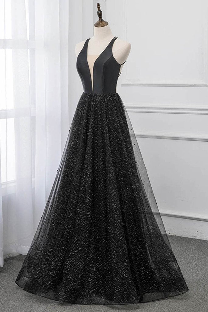 Maxi Dress, Black V-neckline Tulle and Satin Long Straps Cross Back Prom Dress, Floor Length Evening Dress
