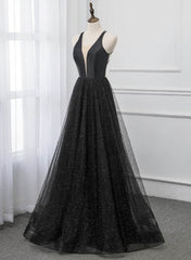 Cute Dress, Black V-neckline Tulle and Satin Long Straps Cross Back Prom Dress, Floor Length Evening Dress