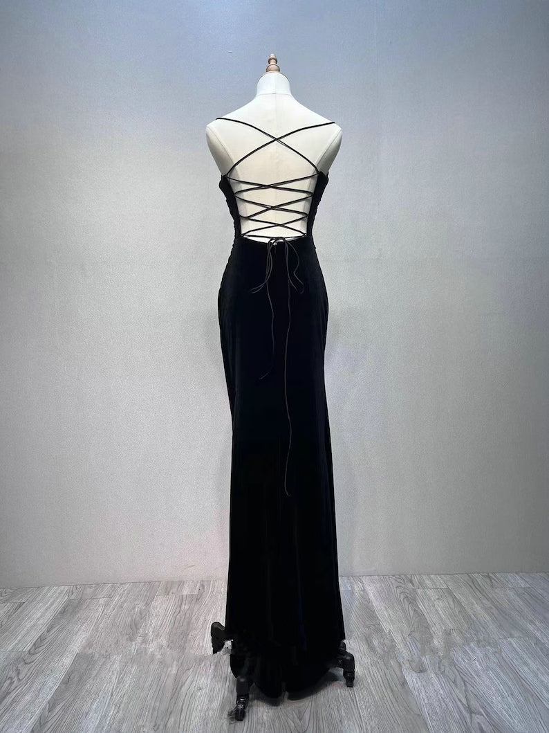Wedding Dress Vintage, Black Velvet A-line Straps Wedding Party Dress, Black Long Evening Dress Prom Dress