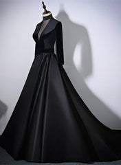 Party Dress Renswoude, Black Velvet and Satin Long Sleeves See Through Back Formal Dress, Black Evening Dress