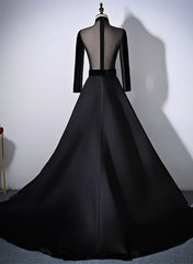 Party Dress Cocktail, Black Velvet and Satin Long Sleeves See Through Back Formal Dress, Black Evening Dress