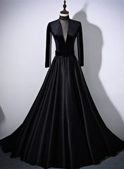 Party Dresses Wedding, Black Velvet and Satin Long Sleeves See Through Back Formal Dress, Black Evening Dress