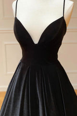 Prom Dress Shiny, Black Velvet Long A-Line Prom Dress, V-Neck Backless Evening Formal Dress
