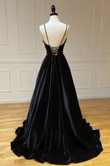 Prom Dresses Mermaide, Black Velvet Long A-Line Prom Dress, V-Neck Backless Evening Formal Dress