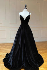 Prom Dresses Shiny, Black Velvet Long A-Line Prom Dress, V-Neck Backless Evening Formal Dress