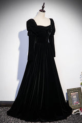Prom Dress With Sleeve, Black Velvet Long Sleeve Prom Dress, A-Line Evening Party Dress