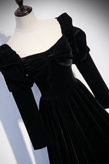Prom Dresses Navy, Black Velvet Long Sleeve Prom Dress, A-Line Evening Party Dress